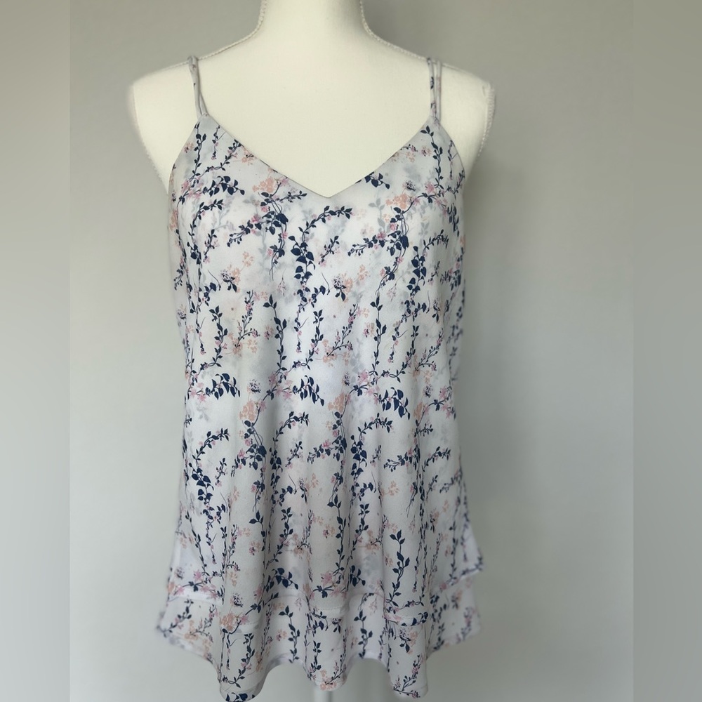 Floral Flowy Flared Chiffon White and Blue Camisole Blouse Tank Top 2-tiered